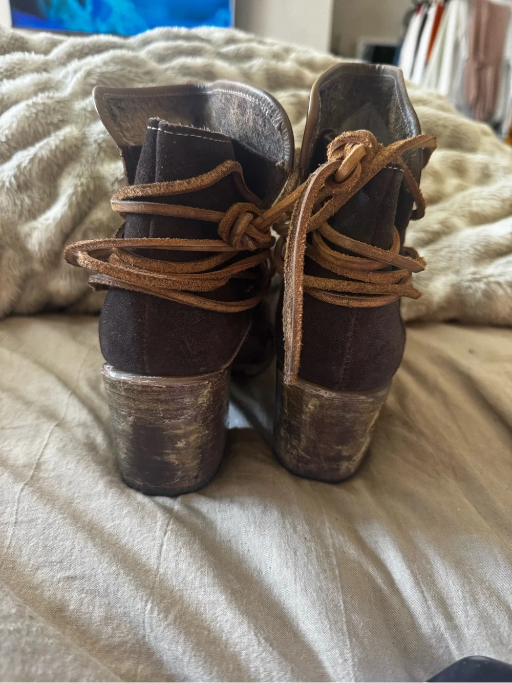 freebird Brown Leather Western Ankle Boots with Wrap Lace
